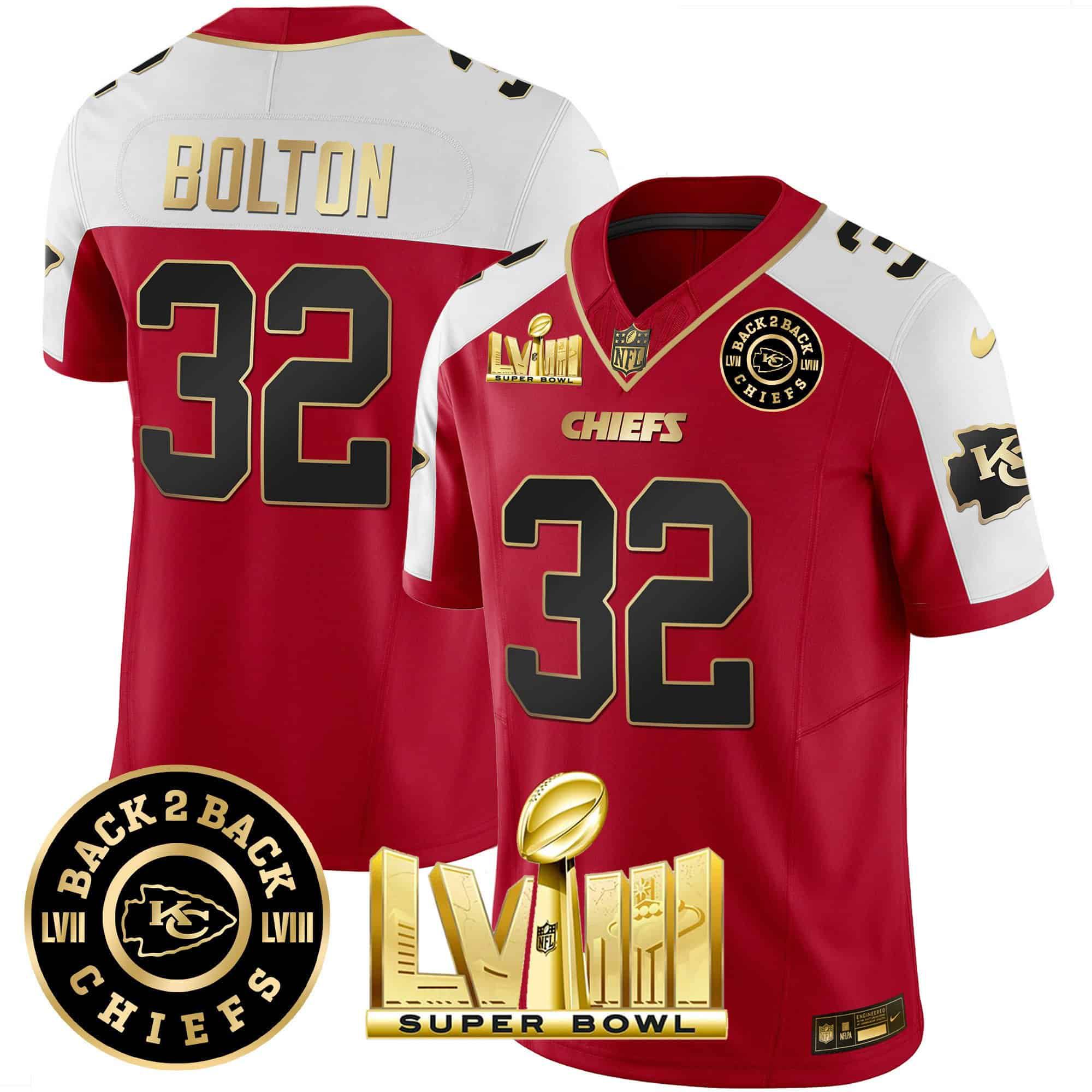 Men Kansas City Chiefs 32 Bolton Red 2024 Nike Super Bowl LVIII & Back 2 Back Patch Vapor NFL Jersey